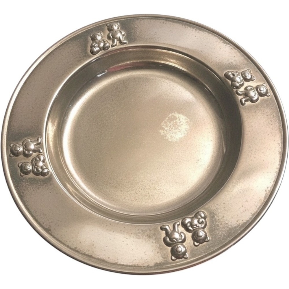 Vintage Silver Plated Teddy Bear Baby Plate Embossed Nursery Keepsake 7.25 Inch